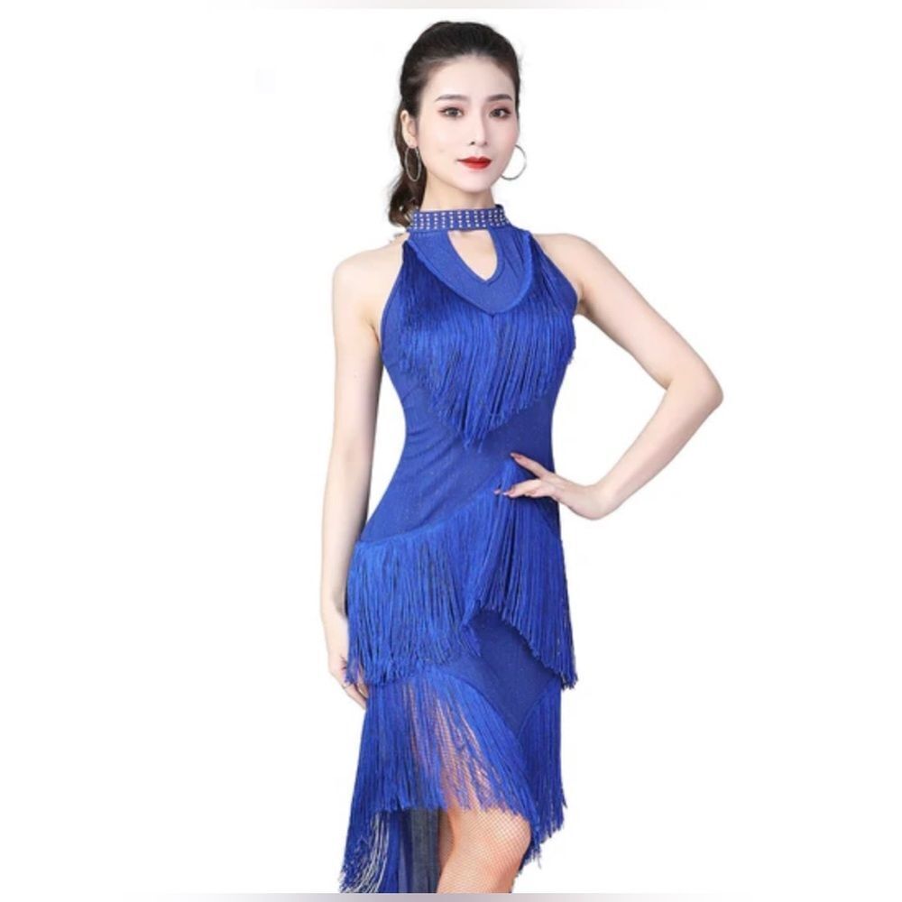 Dazzling Dance Salsa Samba Dress High Neck Spandex Fringes Latin‎ Sleeveless